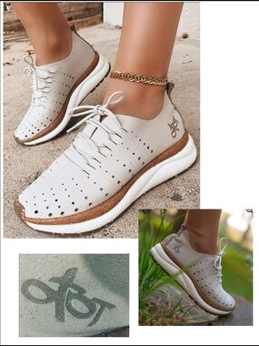 OTBT Light Beige Perforated Lace-Up Sneaker with Cork-Trim